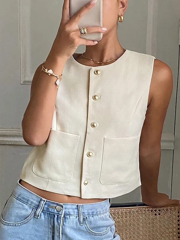 Image of Split-Joint Pockets Buttoned Sleeveless Loose Round-Neck Vest Top