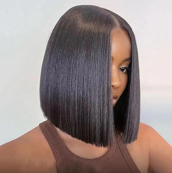 Image of Natural Black Blunt Cut Straight Short Bob 13x4 Lace Front Wig