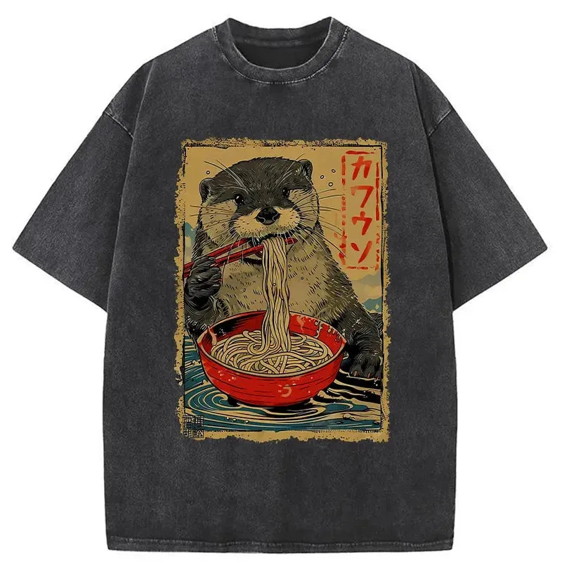 Image of Tokyo-Tiger Otter Eating Ramen Japan Washed T-Shirt