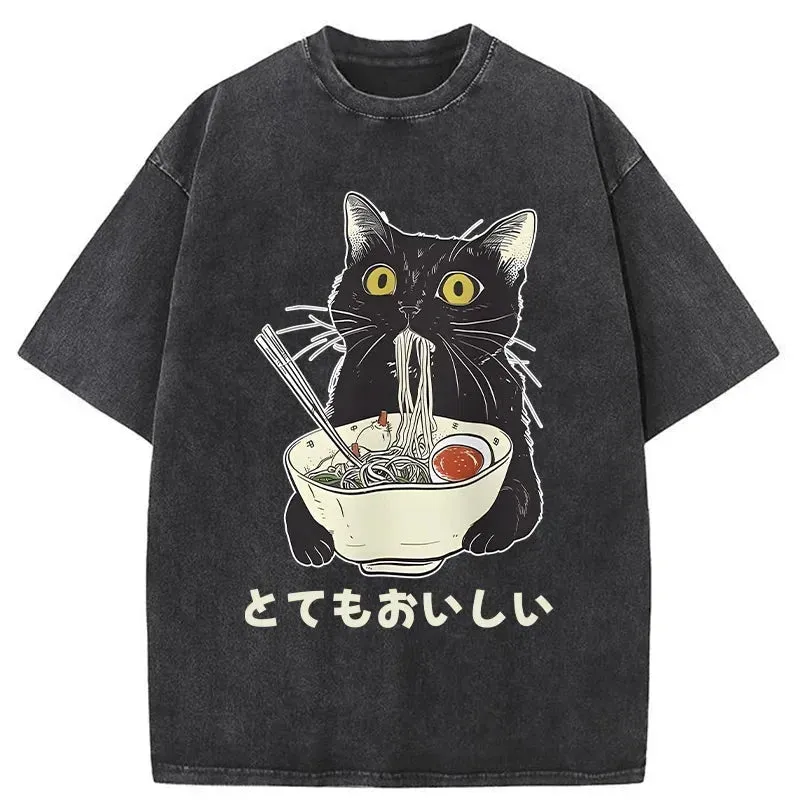 Image of Tokyo-Tiger Cats Eat Ramen Noodles Washed T-Shirt