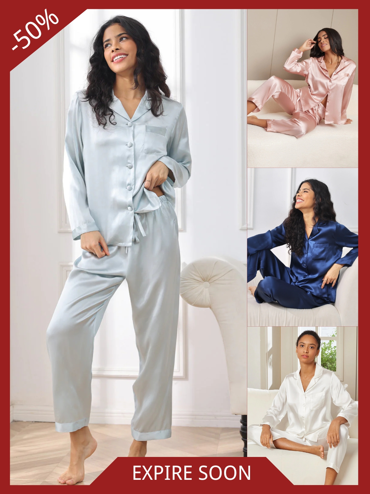 Image of Dames 100% Moerbeizijde Pyjama Set Met Lange Mouwen