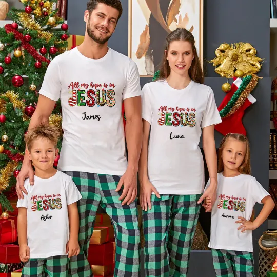 Image of Personalized All My Hope Is In Jesus Christian Christmas Family Matching Shirts